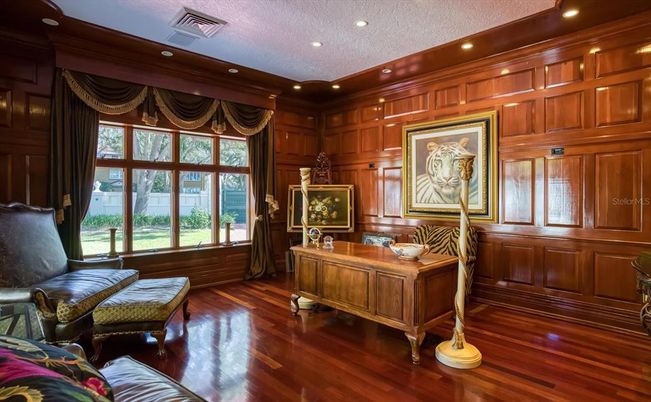 Home Office, Interior, Recessed Lighting, Wood Texture Flooring, Wooden Walls