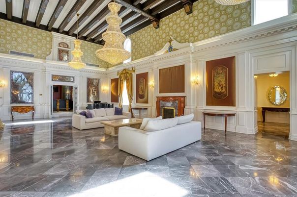 Chandelier, Fireplace, Interior, Living room, Marble, Wooden Beams