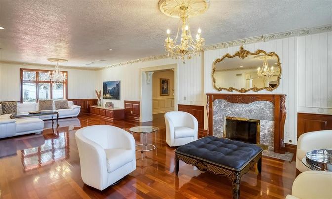 Chandelier, Fireplace, Interior, Living room, Recessed Lighting, Wood Texture Flooring