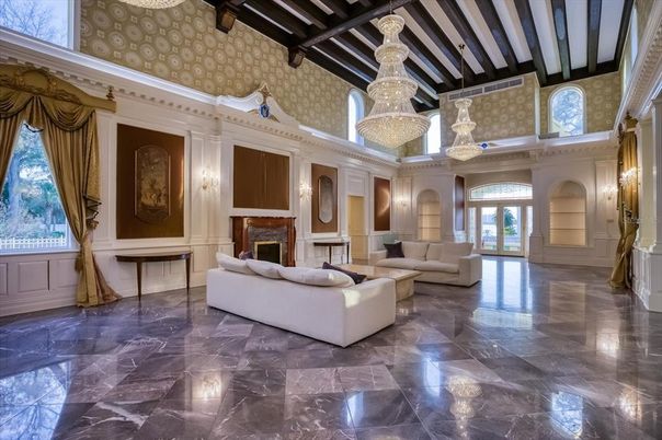 Chandelier, Fireplace, Interior, Living room, Marble, Wooden Beams