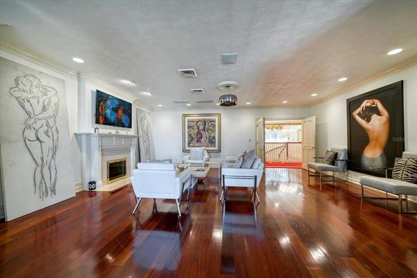 Fireplace, Interior, Living room, Recessed Lighting, Wood Texture Flooring