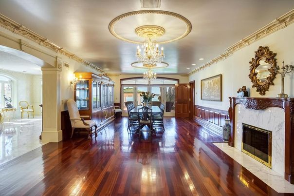 Chandelier, Dining room, Fireplace, Interior, Marble, Wood Texture Flooring