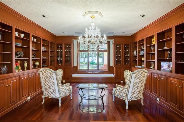 Chandelier, Home Office, Interior, Recessed Lighting, Wood Texture Flooring, Wooden Walls