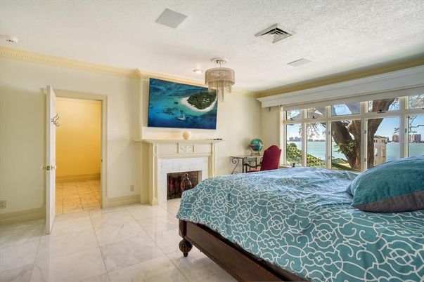Bedroom, Chandelier, Fireplace, Interior, Water