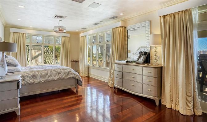 Bedroom, Interior, Pendant Lights, Recessed Lighting, Wood Texture Flooring