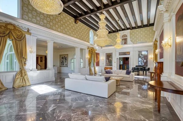Chandelier, Interior, Living room, Marble, Piano, Wooden Beams