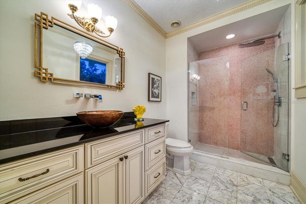 Bathroom, Dual Sink Vanities, Glass Shower, Interior, Marble, Recessed Lighting
