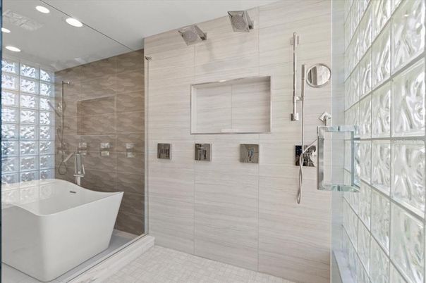 Bathroom, Free Standing Baths, Glass Shower, Interior, Recessed Lighting
