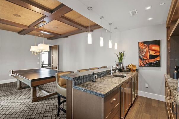 Game Room, Interior, Pendant Lights, Recessed Lighting, Wooden Beams, Wood Texture Flooring