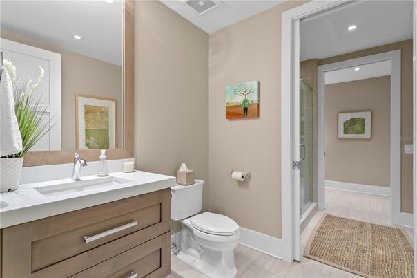 Bathroom, Glass Shower, Interior, Recessed Lighting, Wood Texture Flooring