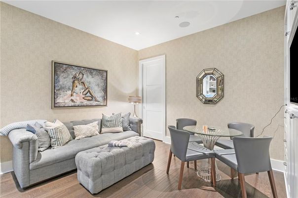 Dining room, Interior, Living room, Recessed Lighting, Wood Texture Flooring