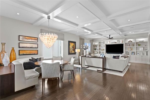 Chandelier, Dining room, Interior, Living room, Pendant Lights, Recessed Lighting, Wood Texture Flooring