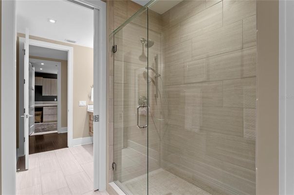 Bathroom, Glass Shower, Interior, Recessed Lighting, Wood Texture Flooring