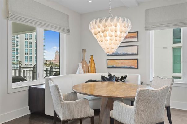 Dining room, Interior, Pendant Lights, Recessed Lighting, Wood Texture Flooring