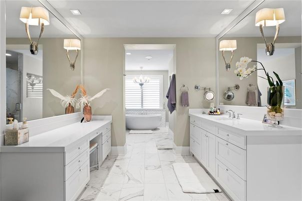 Bathroom, Chandelier, Dual Sink Vanities, Free Standing Baths, Interior, Marble, Recessed Lighting