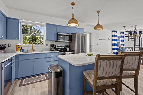 Interior, Kitchen, Pendant Lights, Stainless Steel Appliances, Wood Texture Flooring