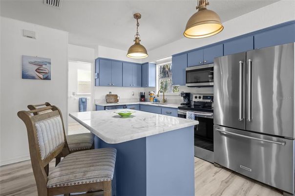 Interior, Kitchen, Pendant Lights, Stainless Steel Appliances, Wood Texture Flooring