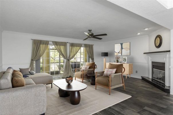 Fireplace, Interior, Living room, Recessed Lighting, Wood Texture Flooring