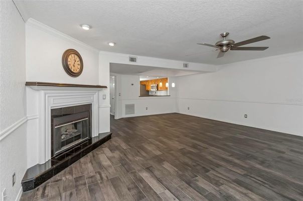 Empty room, Fireplace, Interior, Recessed Lighting, Wood Texture Flooring