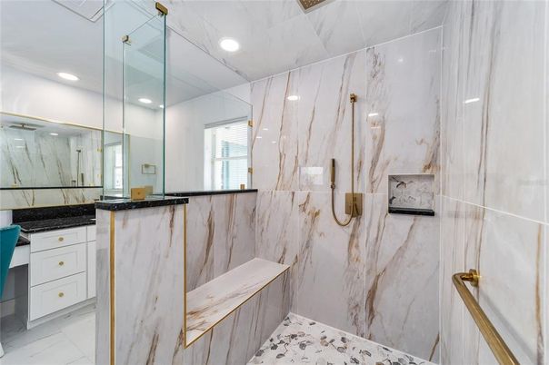 Bathroom, Glass Shower, Interior, Marble, Marble Walls, Recessed Lighting