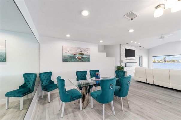 Dining room, Interior, Living room, Recessed Lighting, Wood Texture Flooring