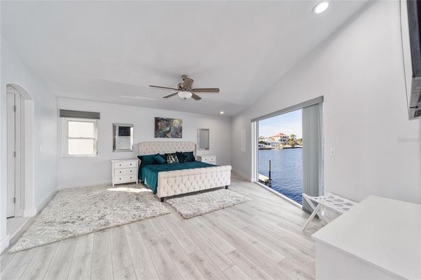 Bedroom, Interior, Recessed Lighting, Water, Wood Texture Flooring