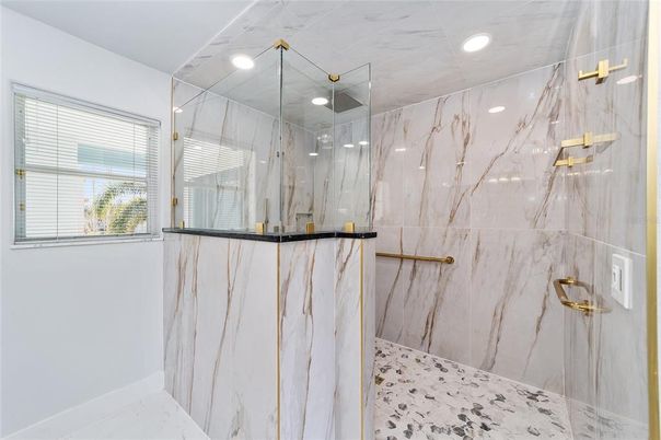 Bathroom, Glass Shower, Interior, Marble Walls, Recessed Lighting