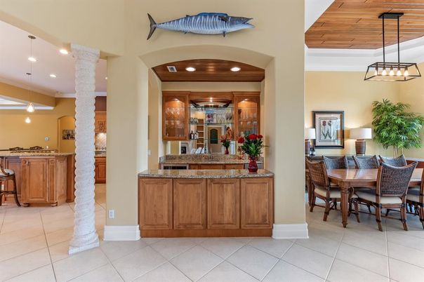 Dining room, Interior, Pendant Lights, Recessed Lighting, Wooden Ceilings