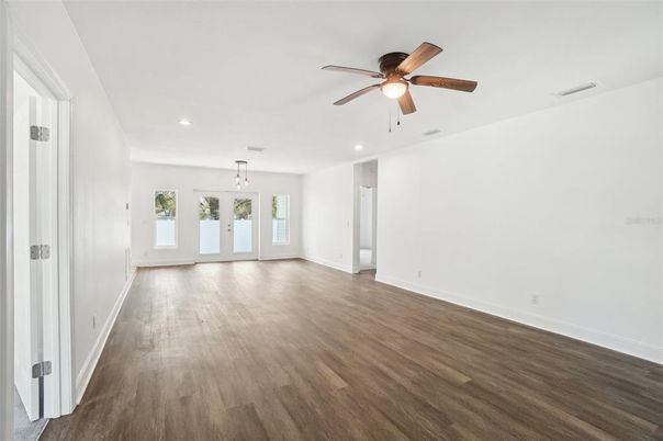 Empty room, Interior, Recessed Lighting, Wood Texture Flooring