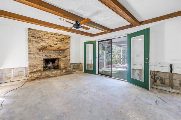 Empty room, Fireplace, Interior, Stone Walls, Wooden Beams