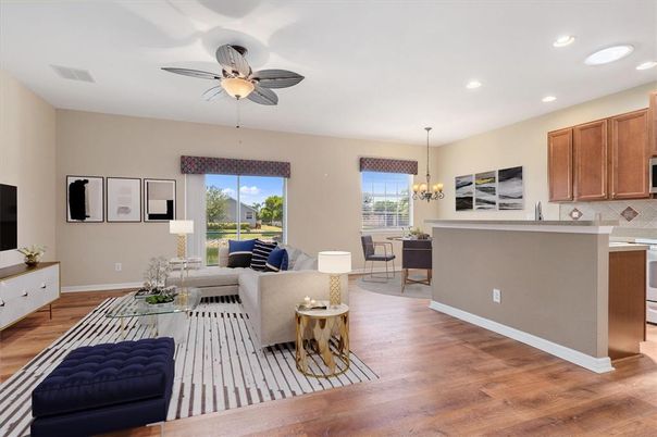 Chandelier, Dining room, Interior, Kitchen, Living room, Recessed Lighting, Wood Texture Flooring