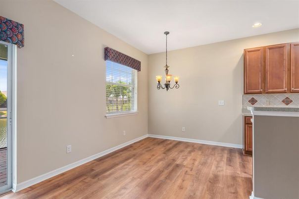 Chandelier, Empty room, Interior, Recessed Lighting, Wood Texture Flooring