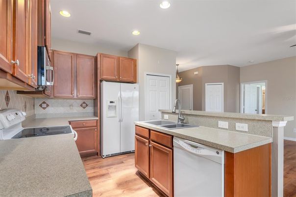 Interior, Kitchen, Pendant Lights, Recessed Lighting, Wood Texture Flooring