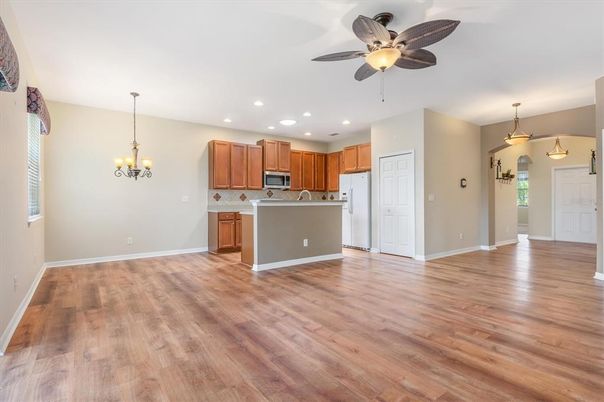 Chandelier, Interior, Kitchen, Pendant Lights, Recessed Lighting, Wood Texture Flooring