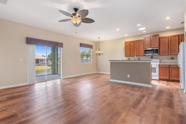 Chandelier, Interior, Kitchen, Recessed Lighting, Wood Texture Flooring