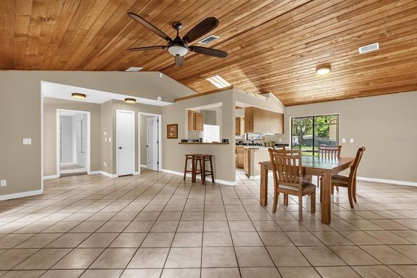 Dining room, Interior, Kitchen, Recessed Lighting, Wooden Ceilings