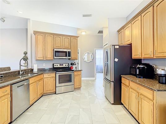 Interior, Kitchen, Marble, Recessed Lighting, Stainless Steel Appliances