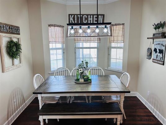 Dining room, Interior, Pendant Lights, Wood Texture Flooring