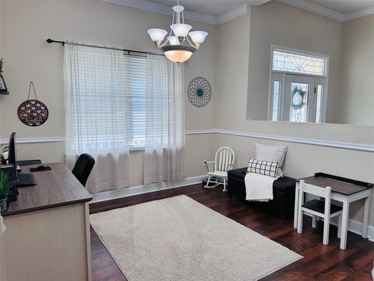 Chandelier, Home Office, Interior, Wood Texture Flooring