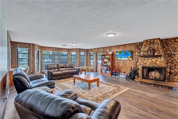 Fireplace, Interior, Living room, Stone Walls, Wood Texture Flooring, Wooden Walls