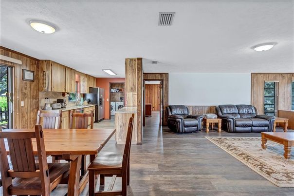 Dining room, Interior, Kitchen, Living room, Wood Texture Flooring, Wooden Walls