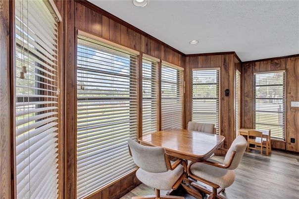 Dining room, Interior, Recessed Lighting, Wood Texture Flooring, Wooden Walls