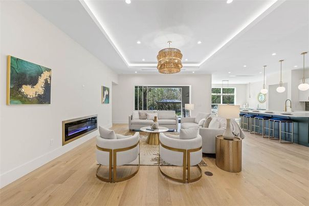 Interior, Kitchen, Living room, Pendant Lights, Recessed Lighting, Wood Texture Flooring