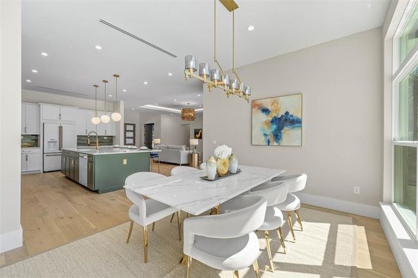 Dining room, Interior, Kitchen, Pendant Lights, Recessed Lighting, Stainless Steel Appliances, Wood Texture Flooring