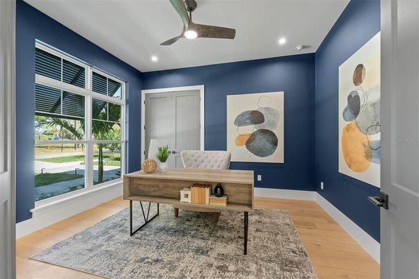 Home Office, Interior, Recessed Lighting, Wood Texture Flooring