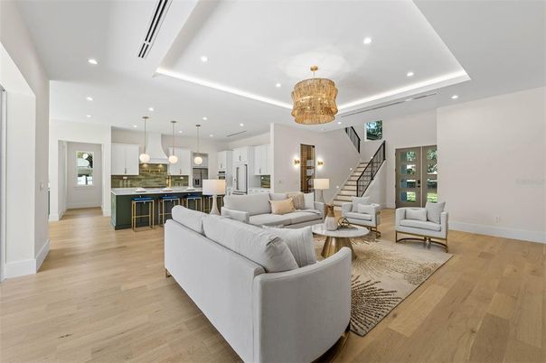 Chandelier, Interior, Kitchen, Living room, Pendant Lights, Recessed Lighting, Wood Texture Flooring