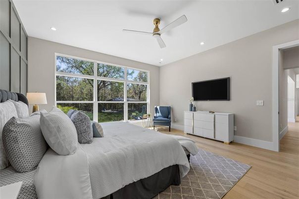 Bedroom, Interior, Recessed Lighting, Wood Texture Flooring