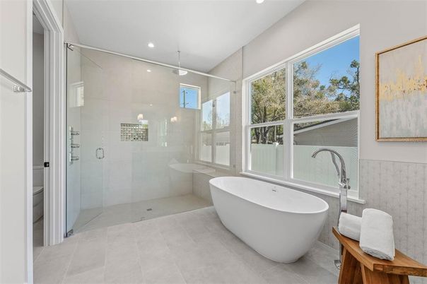 Bathroom, Free Standing Baths, Glass Shower, Interior, Recessed Lighting