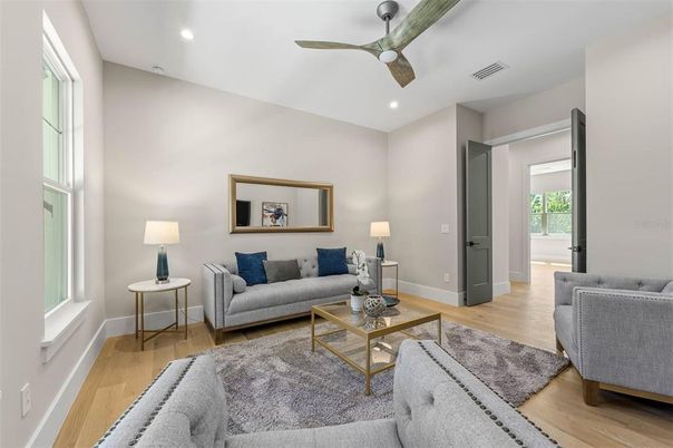 Interior, Living room, Recessed Lighting, Wood Texture Flooring