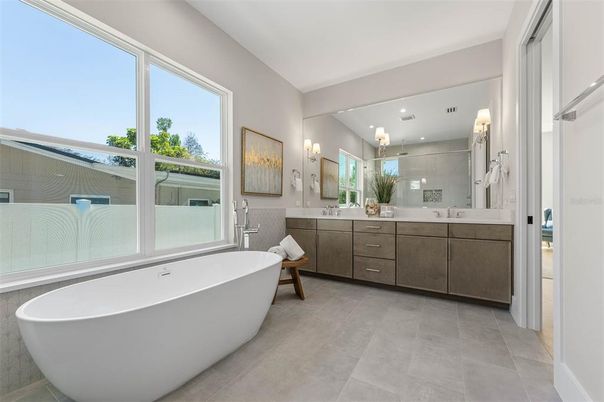 Bathroom, Dual Sink Vanities, Free Standing Baths, Interior, Recessed Lighting